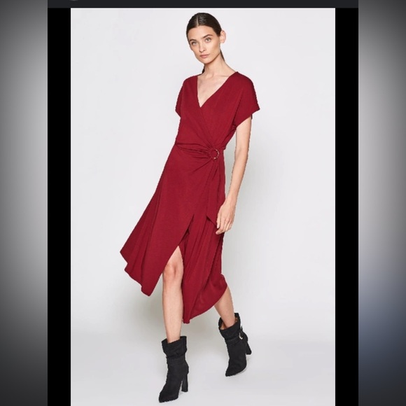 Joie Dresses & Skirts - Joie NWT Anjula Cranberry Red Stretch Belted Wrap‎ Dress Asymmetrical Hem Medium